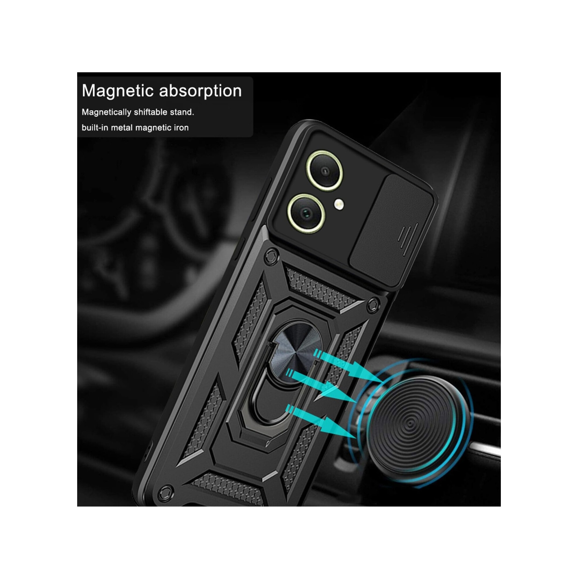 Husa telefon, pentru Samsung Galaxy A06 4G Capac de obiectiv al camerei glisante, inel rotativ 360°, Negru