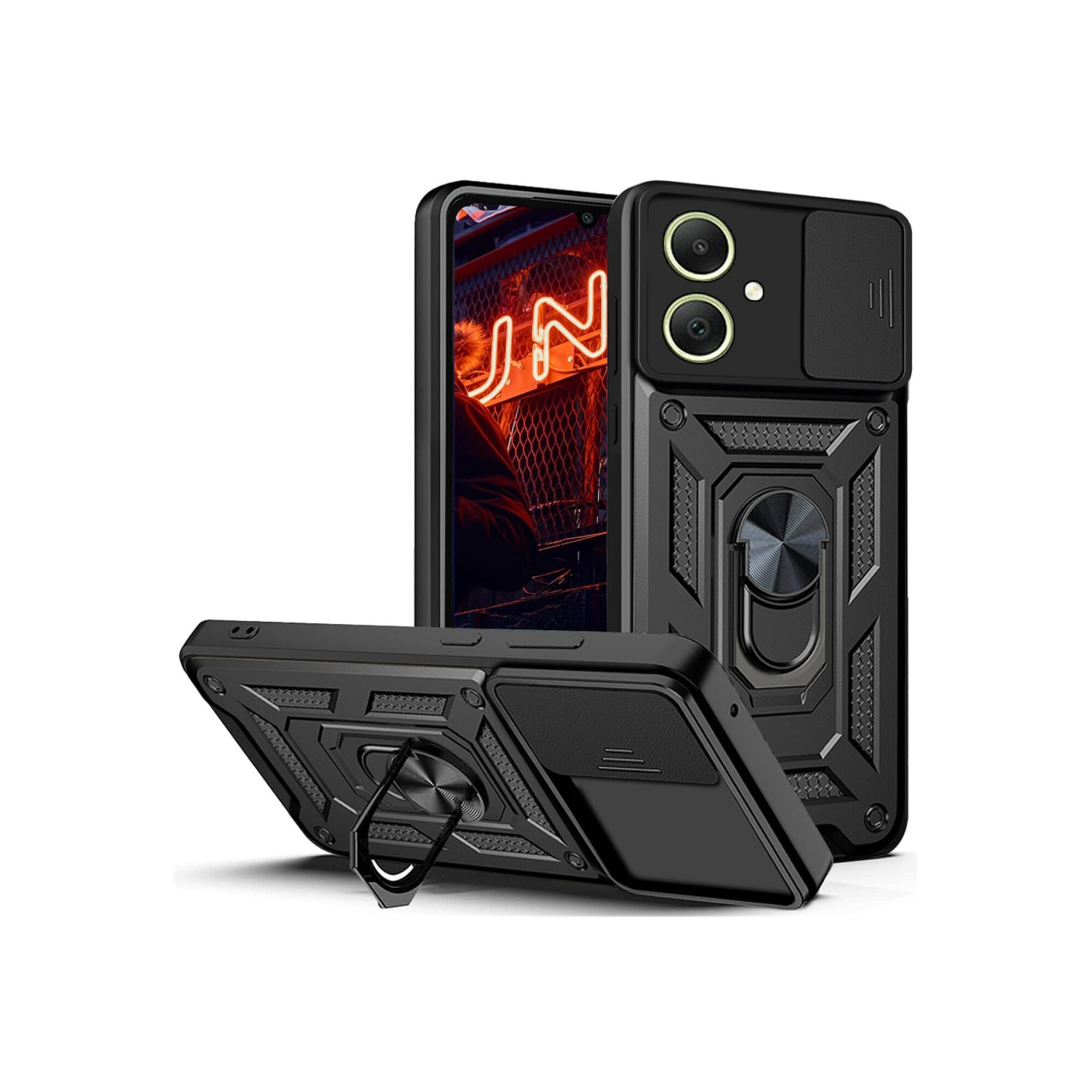 Husa telefon, pentru Samsung Galaxy A06 4G Capac de obiectiv al camerei glisante, inel rotativ 360°, Negru