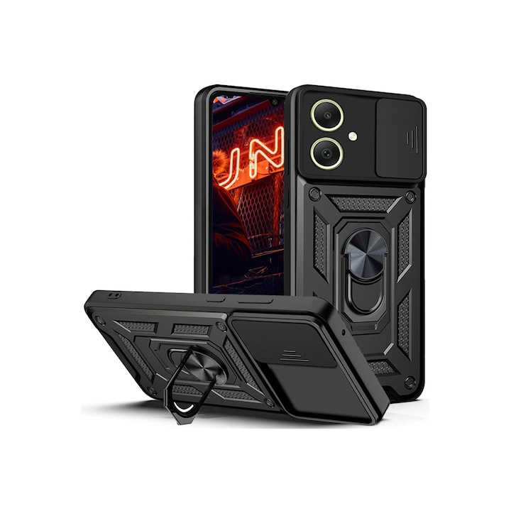 Husa telefon, pentru Samsung Galaxy A06 4G Capac de obiectiv al camerei glisante, inel rotativ 360°, Negru