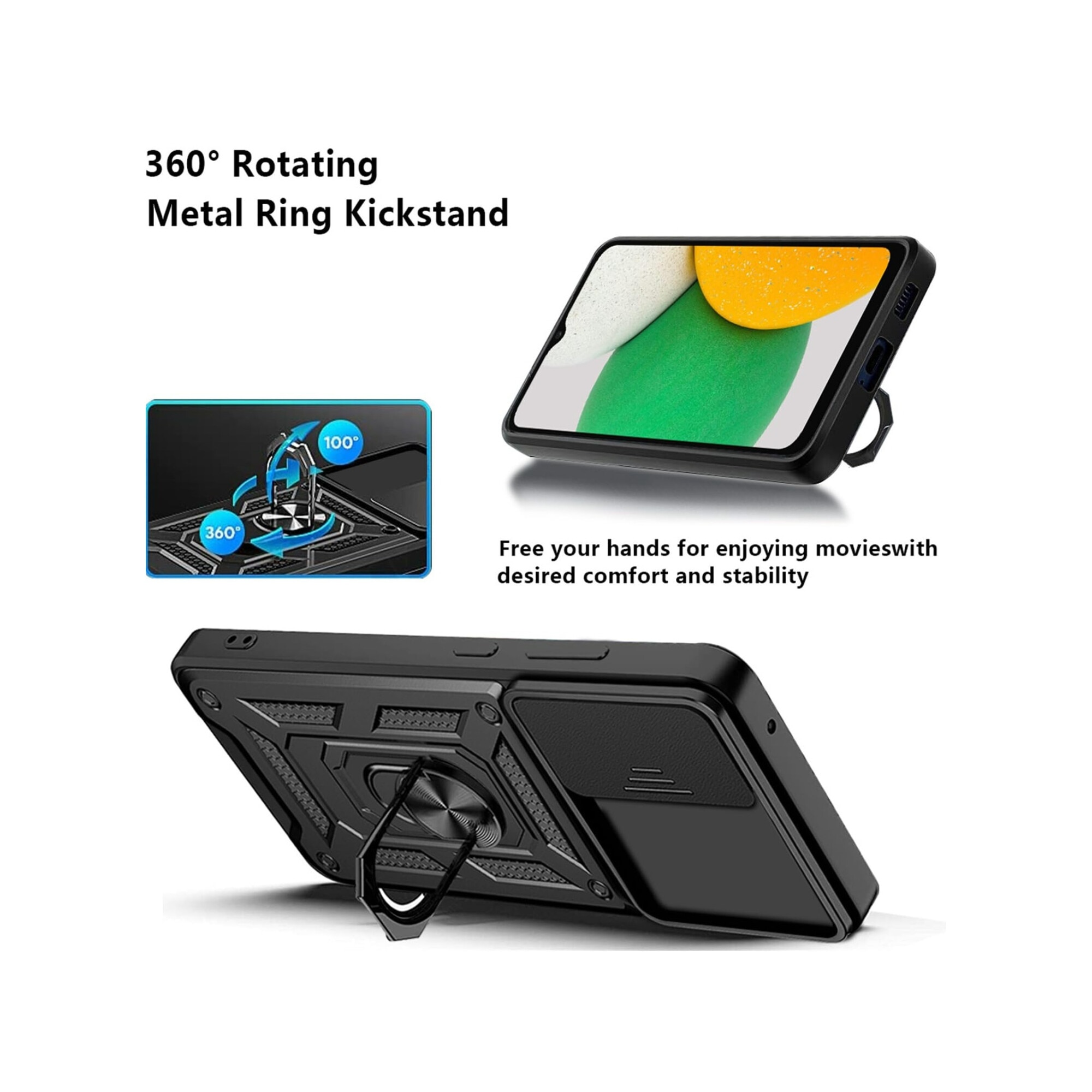 Husa telefon, pentru Samsung Galaxy A06 4G Capac de obiectiv al camerei glisante, inel rotativ 360°, Negru
