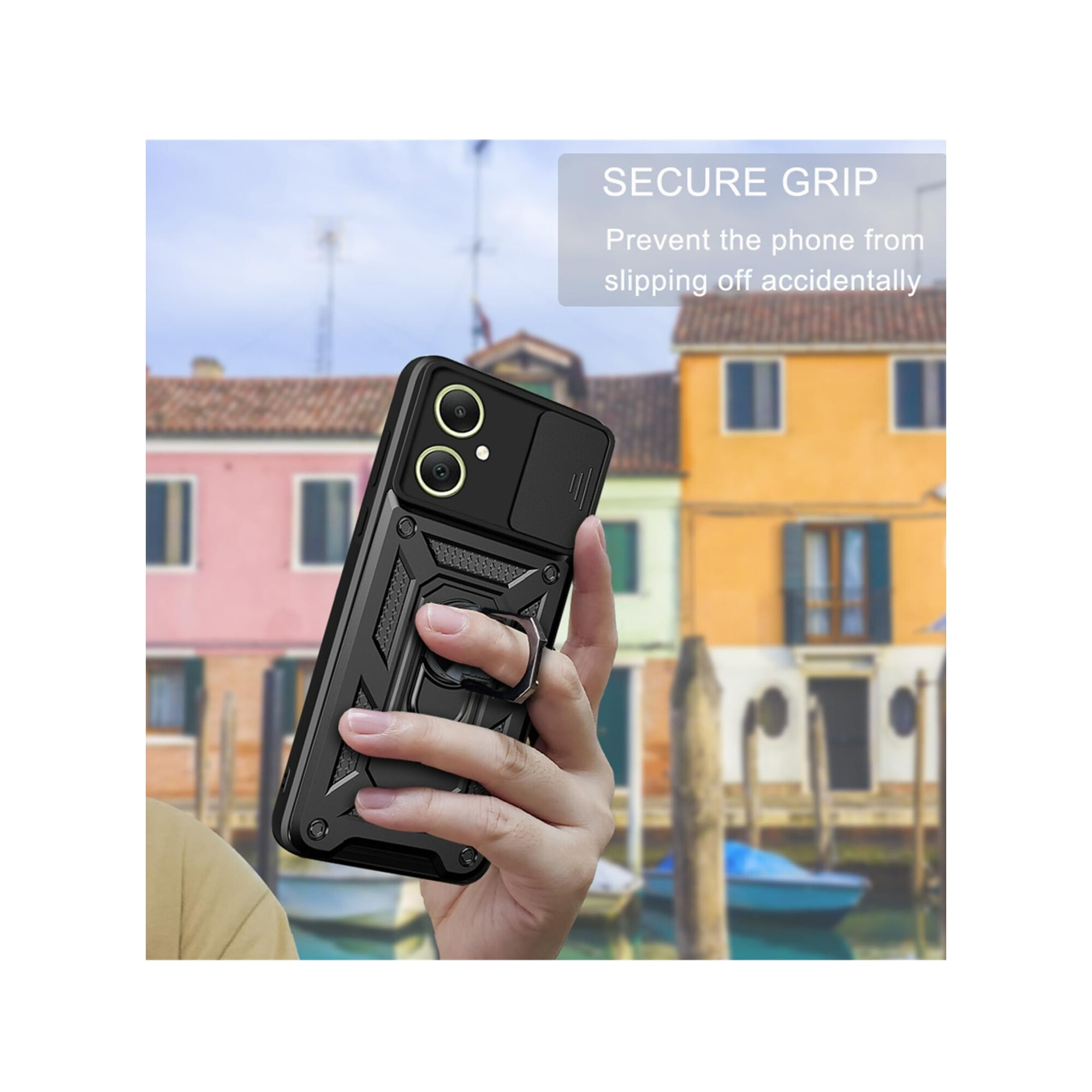 Husa telefon, pentru Samsung Galaxy A06 4G Capac de obiectiv al camerei glisante, inel rotativ 360°, Negru