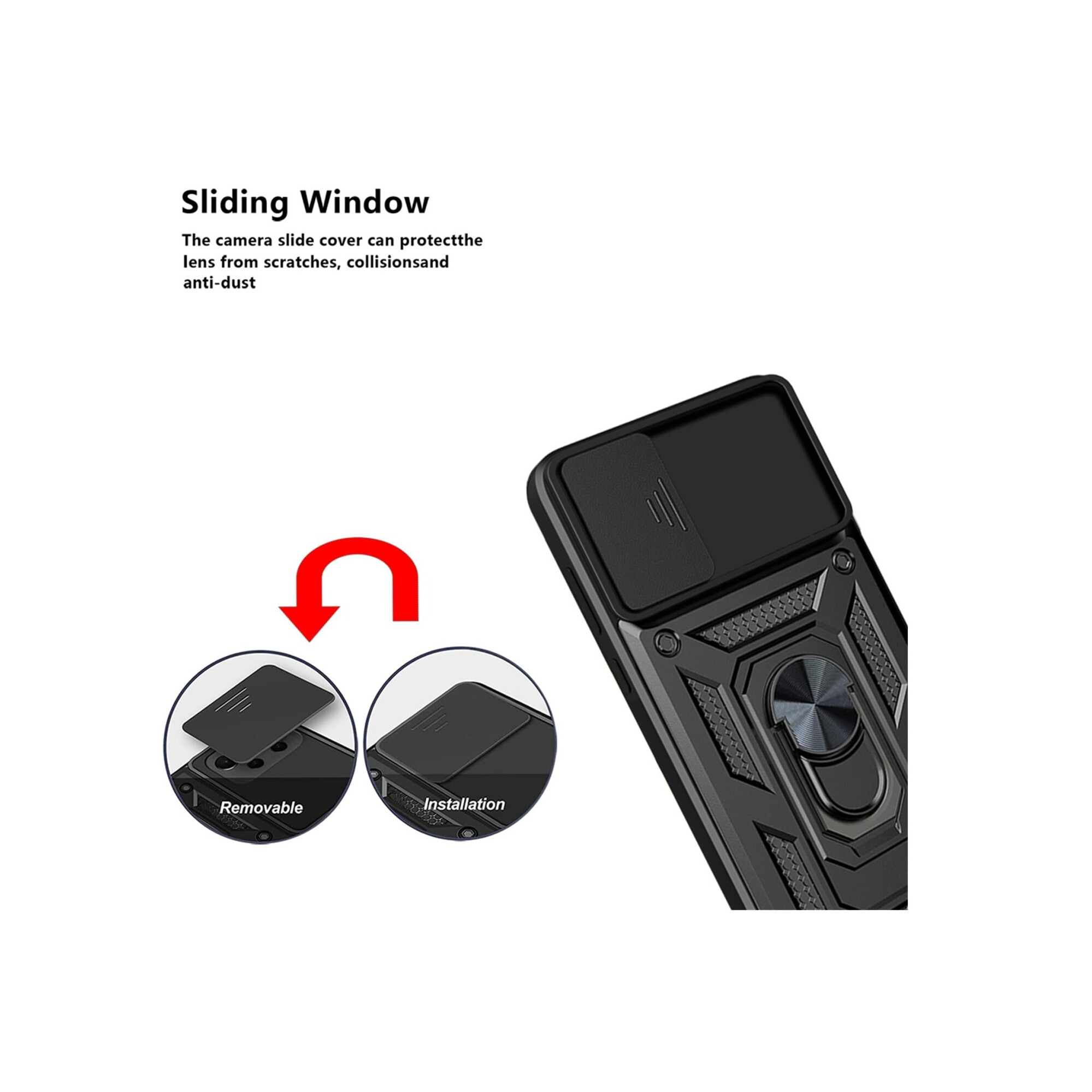 Husa telefon, pentru Samsung Galaxy A06 4G Capac de obiectiv al camerei glisante, inel rotativ 360°, Negru