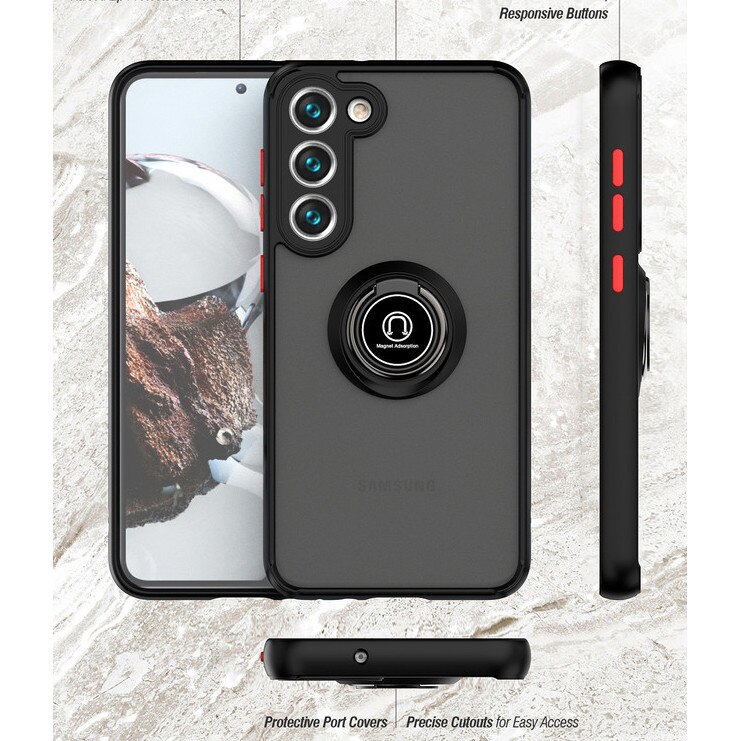 Husa telefon, pentru Samsung Galaxy S23 5G Inel rotativ 360 ° Kickstand, PC subtire subtire si TPU rezistent la soc, Transparent, Negru