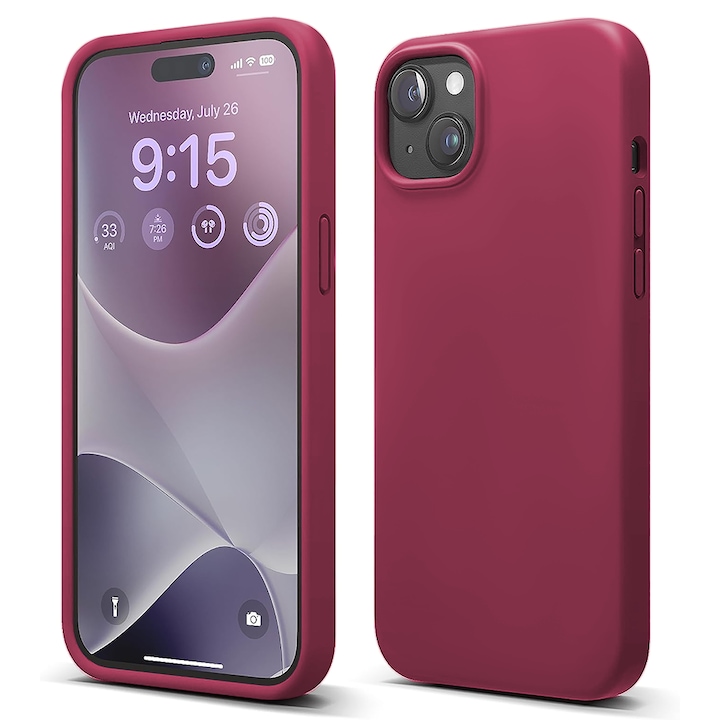 Husa CASEY STUDIOS™ compatibila cu iPhone 15, Soft Silicone Premium, Microfibra in Interior, Burgundy, de Protectie, Ultra Slim, pentru Incarcare Wireless, Margini Ridicate de Protectia Ecranului si a Camerelor