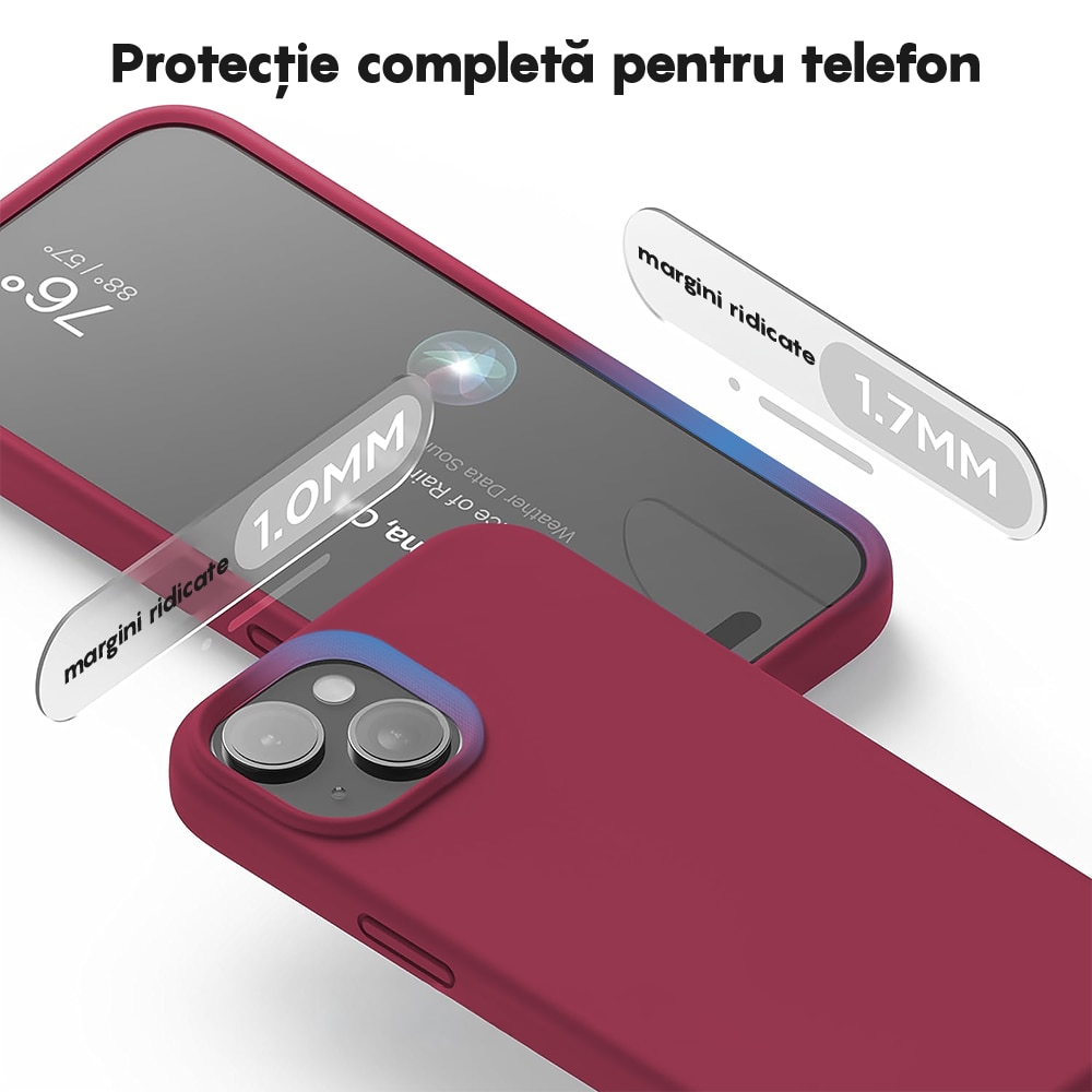 Husa CASEY STUDIOS™ compatibila cu iPhone 15, Soft Silicone Premium, Microfibra in Interior, Burgundy, de Protectie, Ultra Slim, pentru Incarcare Wireless, Margini Ridicate de Protectia Ecranului si a Camerelor