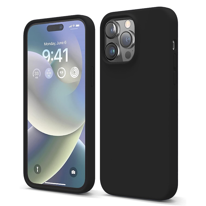 Husa CASEY STUDIOS™ compatibila cu iPhone 14 Pro, Soft Silicone Premium, Microfibra in Interior, Negru, de Protectie, Ultra Slim, pentru Incarcare Wireless, Margini Ridicate de Protectia Ecranului si a Camerelor