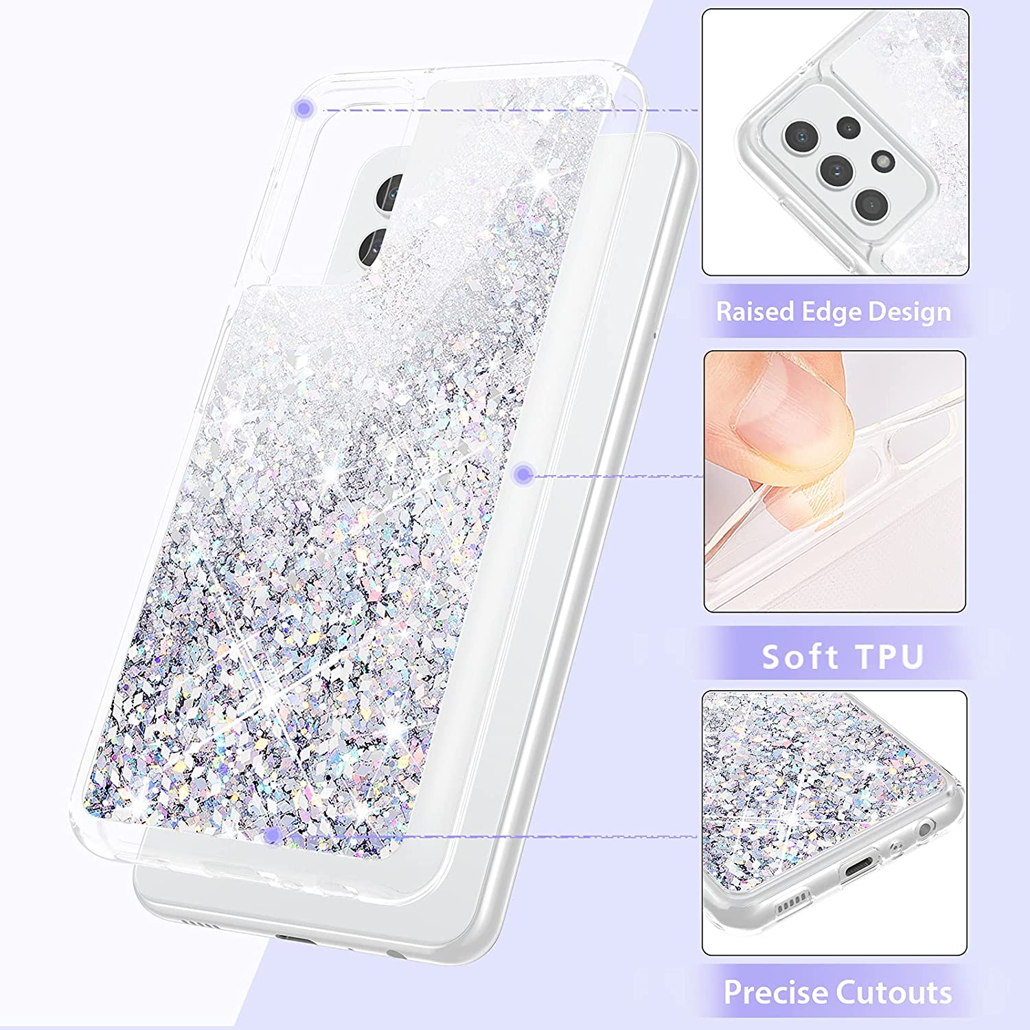 Husa compatibila cu Samsung Galaxy A13 4G, cu Apa si Sclipici, Glitter, Fashion, protectie camera, Argintie gri, PlanetPhone