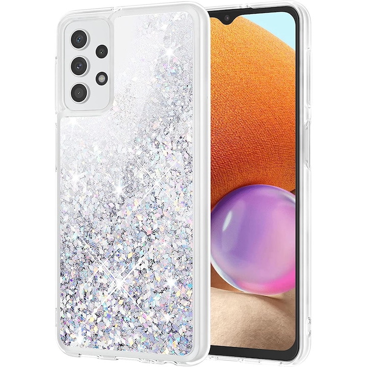 Husa compatibila cu Samsung Galaxy A13 4G, cu Apa si Sclipici, Glitter, Fashion, protectie camera, Argintie gri, PlanetPhone