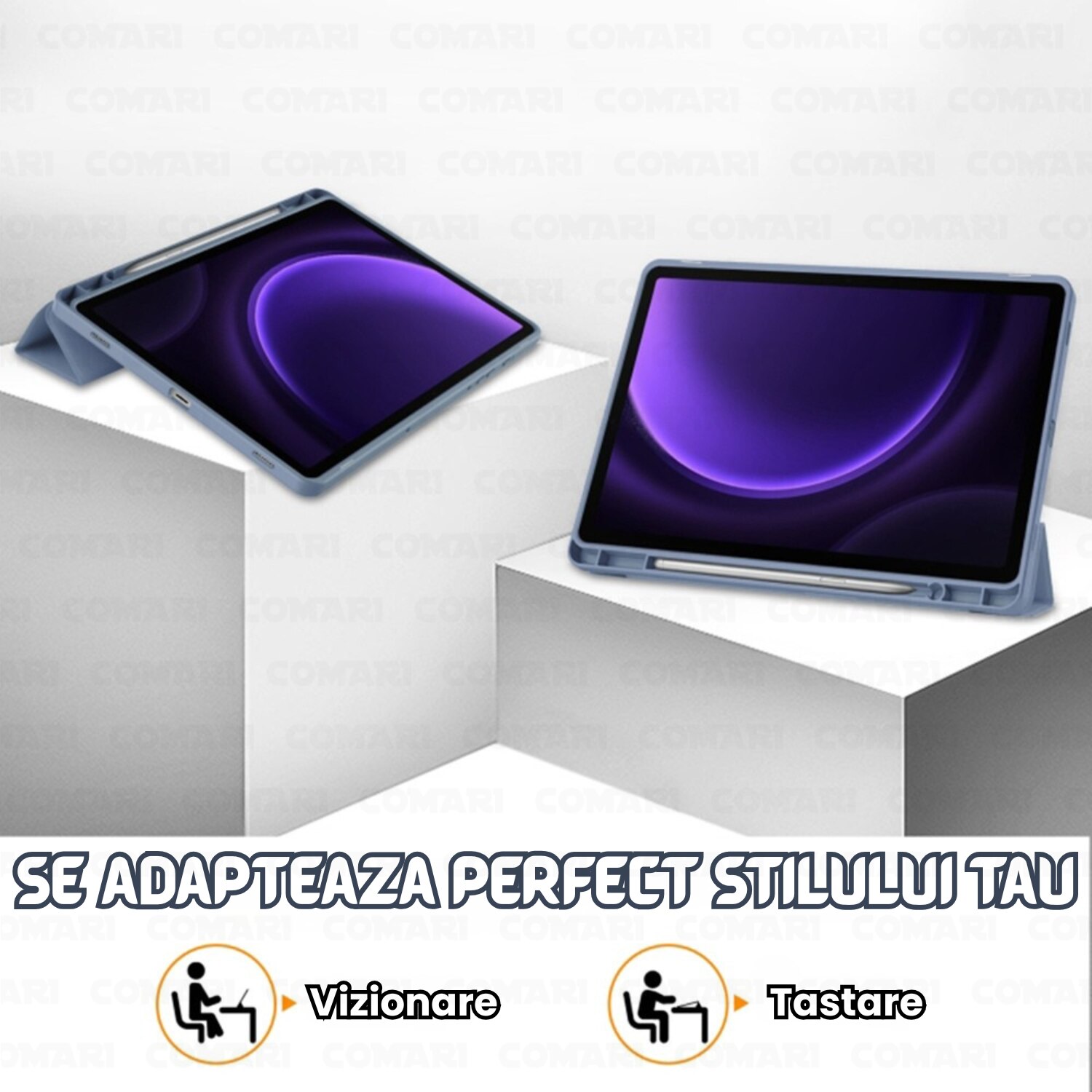 Husa pentru Samsung Galaxy Tab S9 / S9 FE / S10 FE Comari® EliteCover, protectie completa, functie stand trifold, suport stylus integrat, design elegant tip carte, Mov