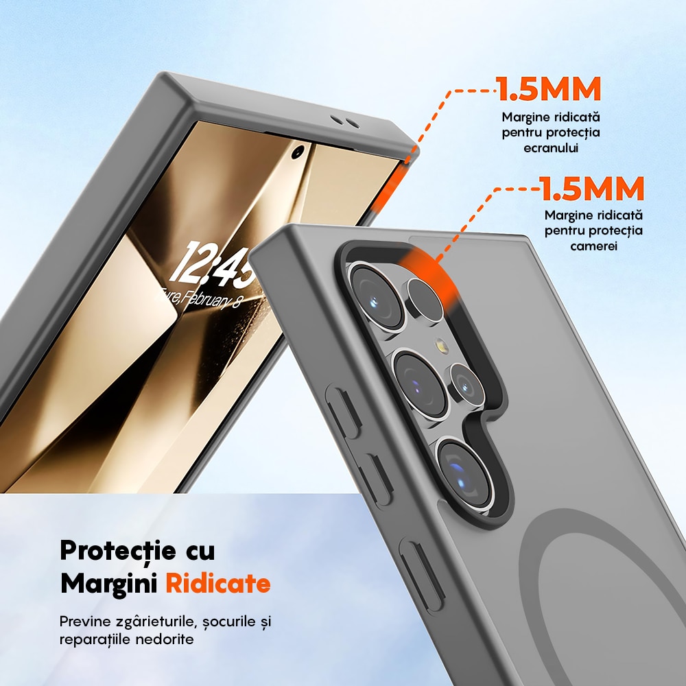 Husa compatibila cu Incarcare Magsafe pentru Samsung Galaxy S24 Ultra, CASEY STUDIOS™, de Protectie, Slim, pentru Incarcare Wireless, Margini Ridicate pentru Protectia Ecranului si a Camerelor, Gri Deschis