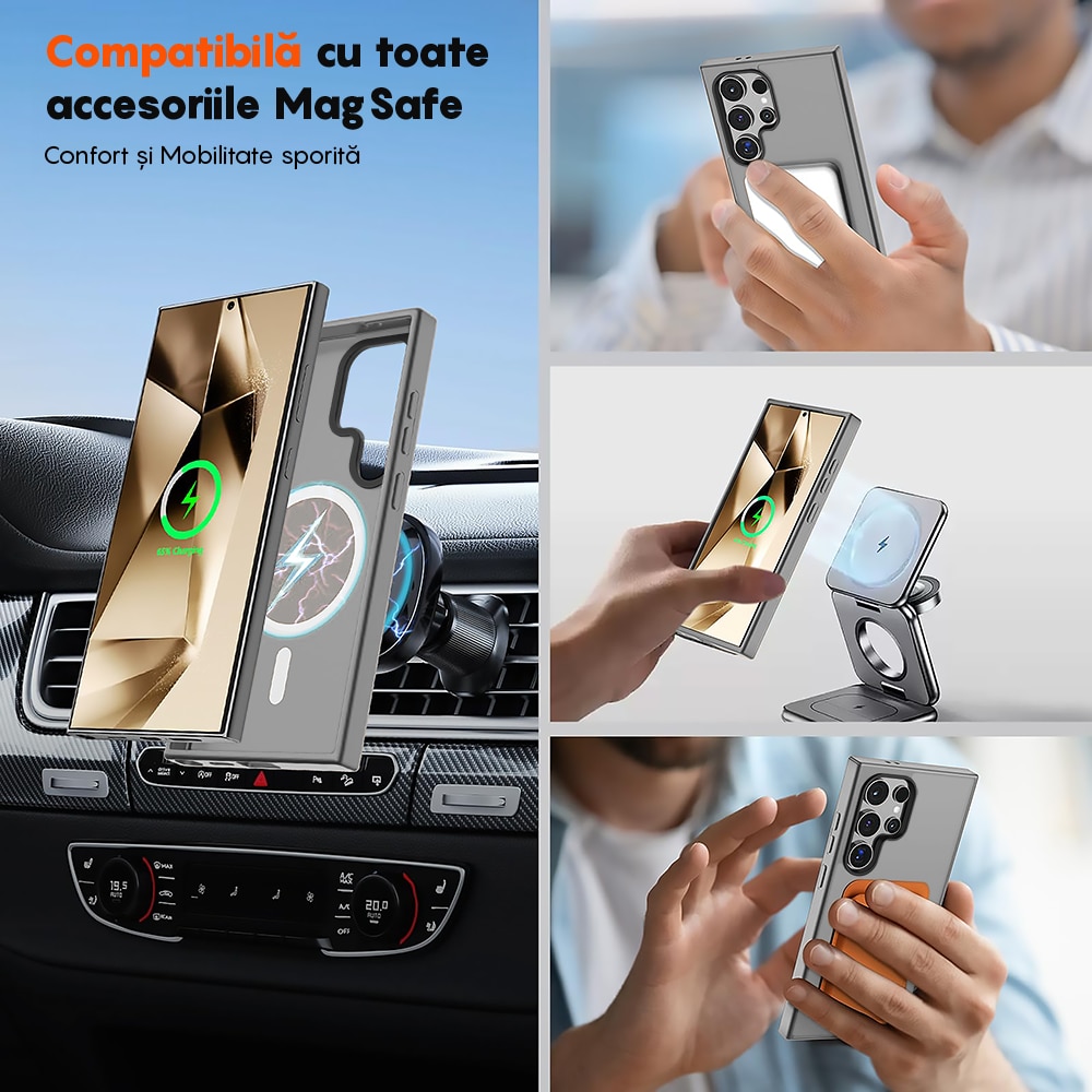 Husa compatibila cu Incarcare Magsafe pentru Samsung Galaxy S24 Ultra, CASEY STUDIOS™, de Protectie, Slim, pentru Incarcare Wireless, Margini Ridicate pentru Protectia Ecranului si a Camerelor, Gri Deschis