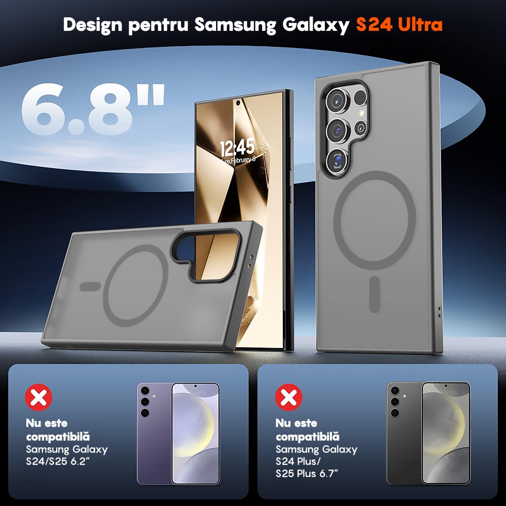 Husa compatibila cu Incarcare Magsafe pentru Samsung Galaxy S24 Ultra, CASEY STUDIOS™, de Protectie, Slim, pentru Incarcare Wireless, Margini Ridicate pentru Protectia Ecranului si a Camerelor, Gri Deschis