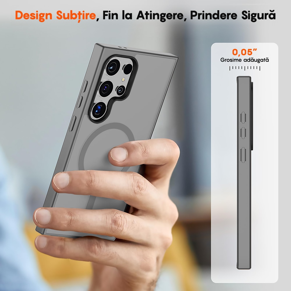 Husa compatibila cu Incarcare Magsafe pentru Samsung Galaxy S24 Ultra, CASEY STUDIOS™, de Protectie, Slim, pentru Incarcare Wireless, Margini Ridicate pentru Protectia Ecranului si a Camerelor, Gri Deschis
