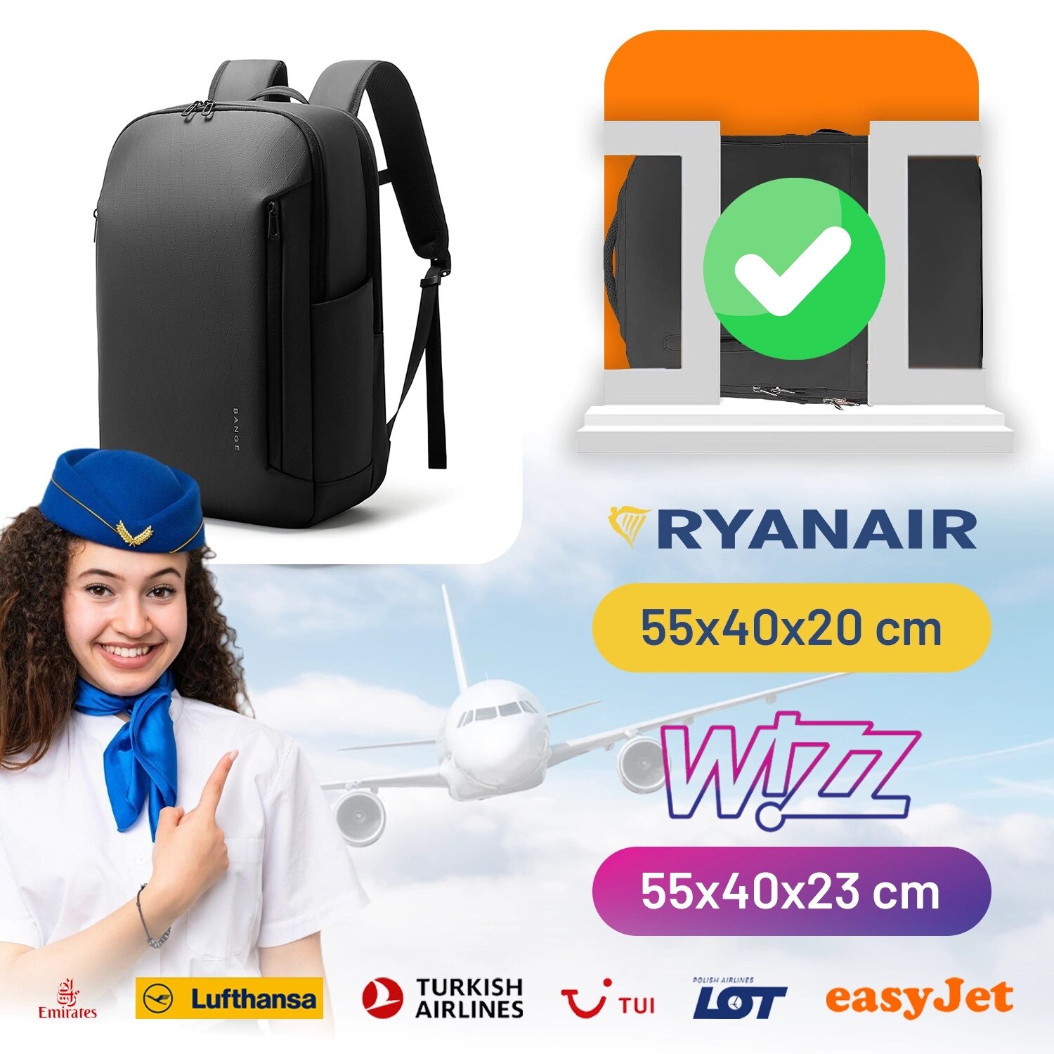 Rucsac laptop Bange 26L, impermeabil, pentru laptopuri pana la 15,6", cu sistem BioAir, negru