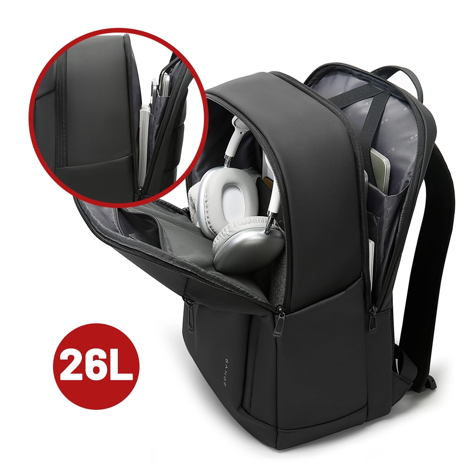 Rucsac laptop Bange 26L, impermeabil, pentru laptopuri pana la 15,6", cu sistem BioAir, negru