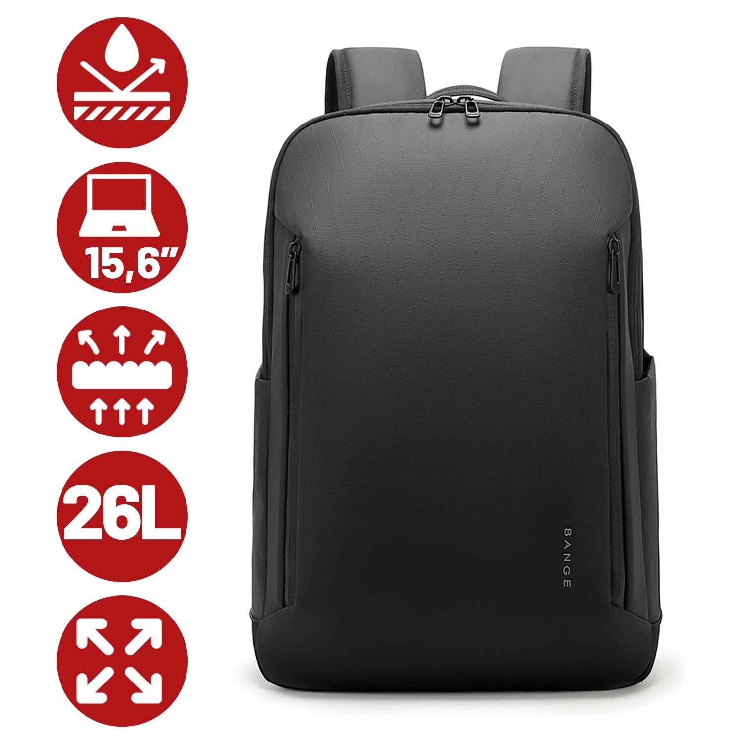 Rucsac laptop Bange 26L, impermeabil, pentru laptopuri pana la 15,6", cu sistem BioAir, negru