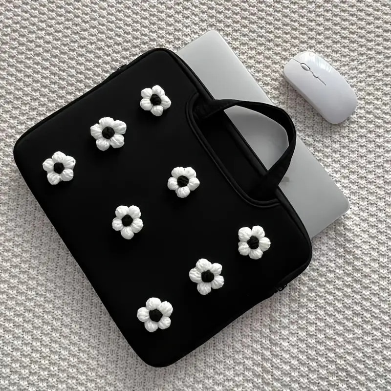 Geanta laptop florala, 15.6/16 inch, negru si alb, usoara si rezistenta la socuri