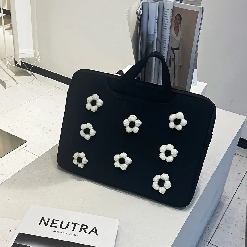 Geanta laptop florala, 15.6/16 inch, negru si alb, usoara si rezistenta la socuri