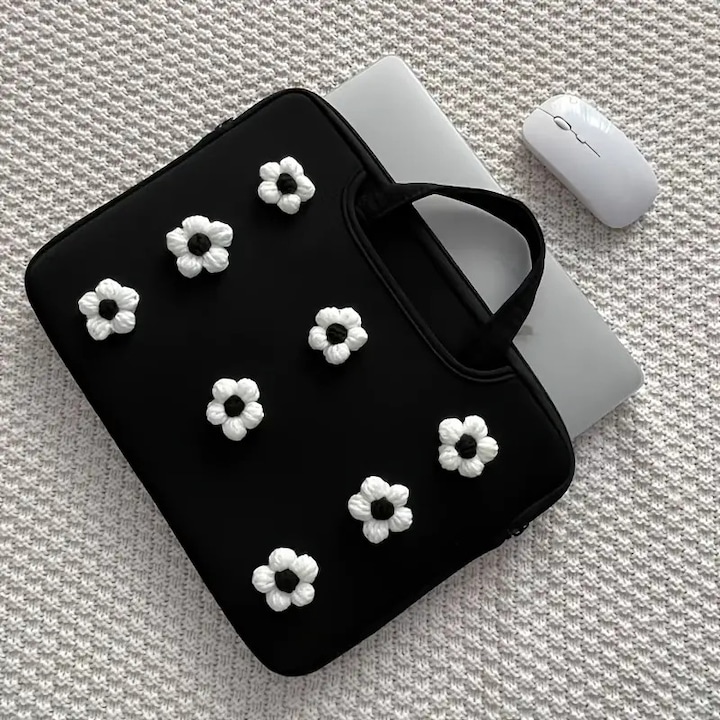 Geanta laptop florala, 15.6/16 inch, negru si alb, usoara si rezistenta la socuri