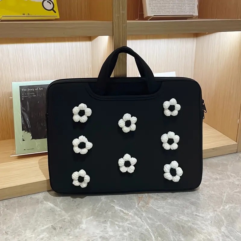 Geanta laptop florala, 15.6/16 inch, negru si alb, usoara si rezistenta la socuri