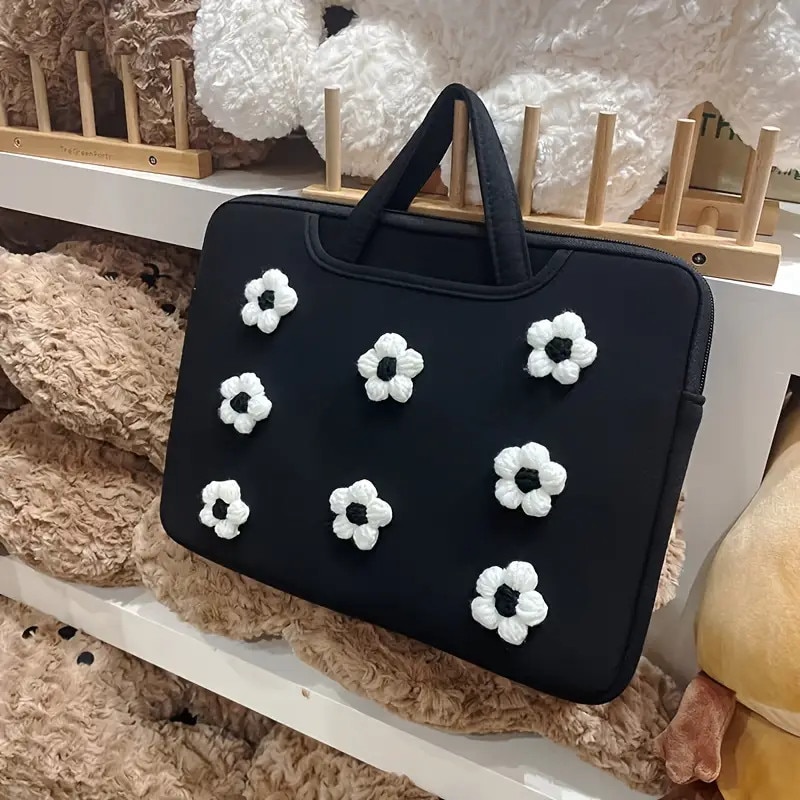 Geanta laptop florala, 15.6/16 inch, negru si alb, usoara si rezistenta la socuri