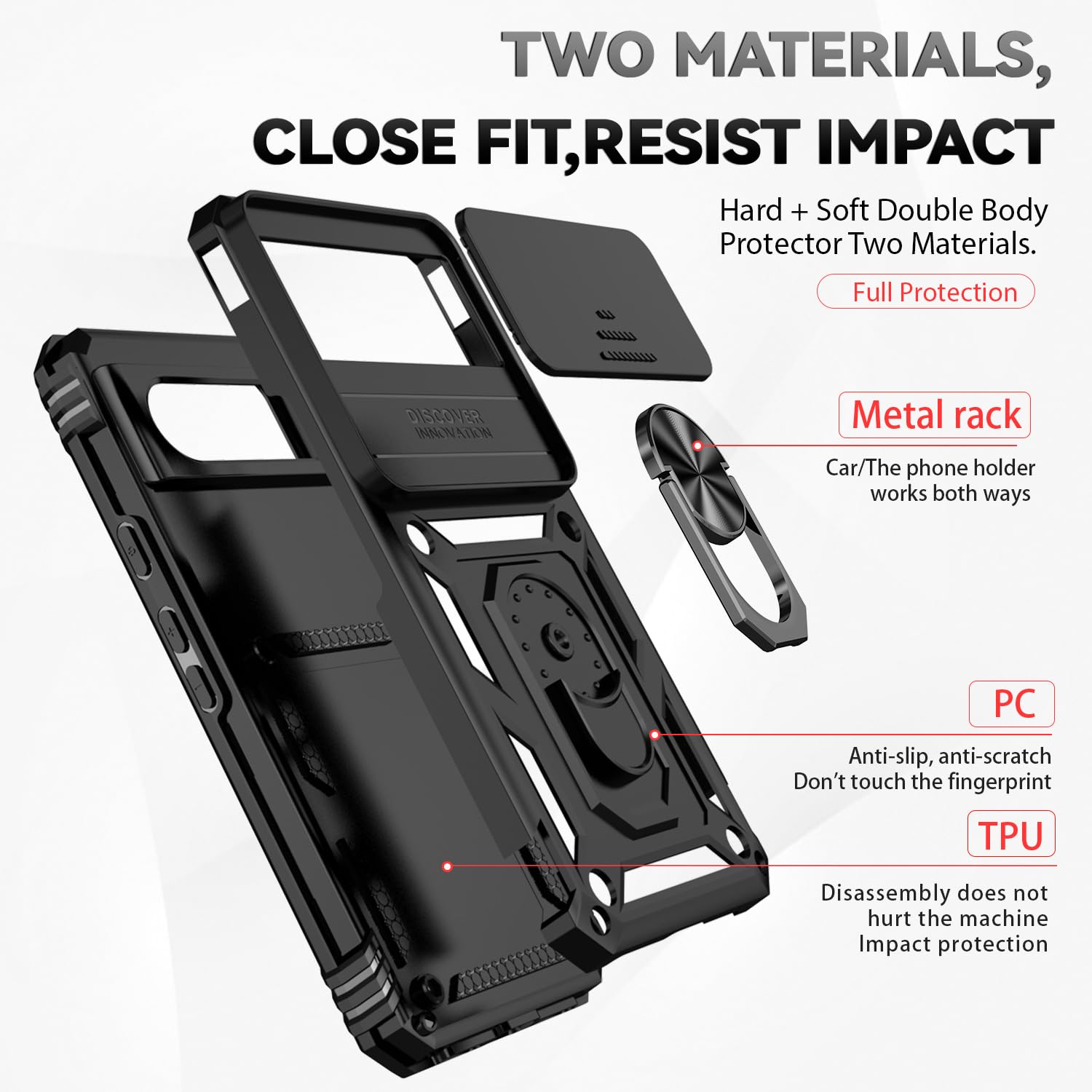 Husa telefon, pentru Google Pixel 8 5G Capac de obiectiv al camerei glisante, inel rotativ 360°, Negru