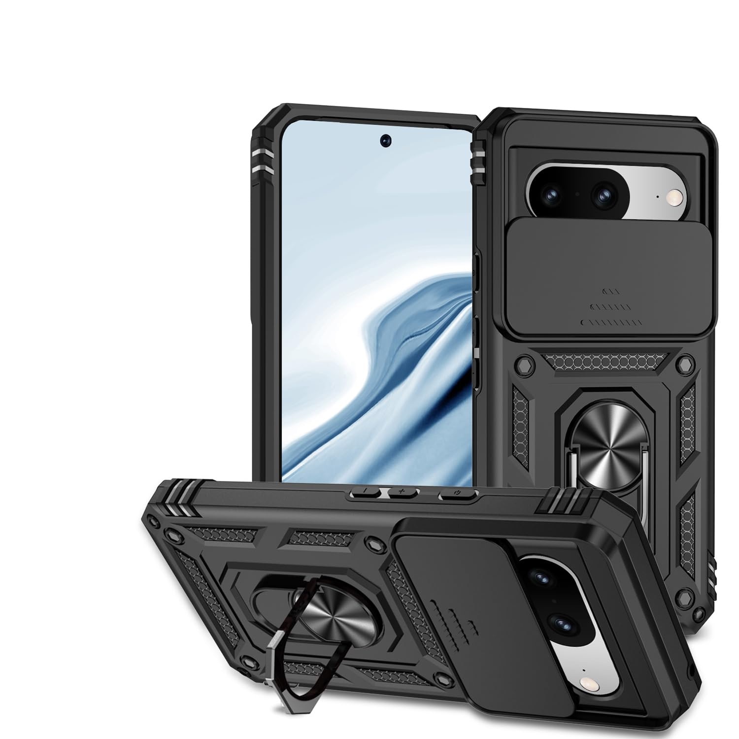 Husa telefon, pentru Google Pixel 8 5G Capac de obiectiv al camerei glisante, inel rotativ 360°, Negru