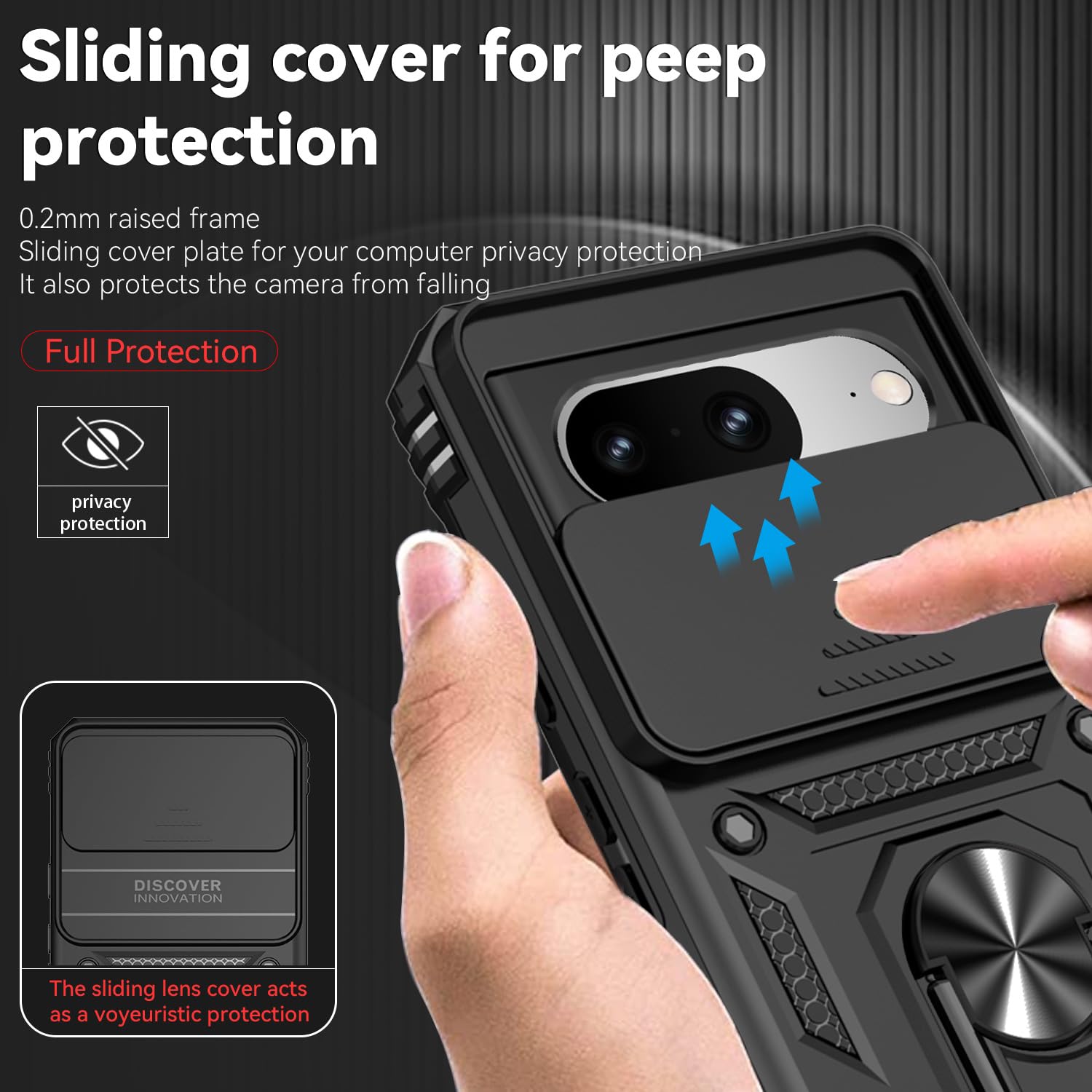 Husa telefon, pentru Google Pixel 8 5G Capac de obiectiv al camerei glisante, inel rotativ 360°, Negru