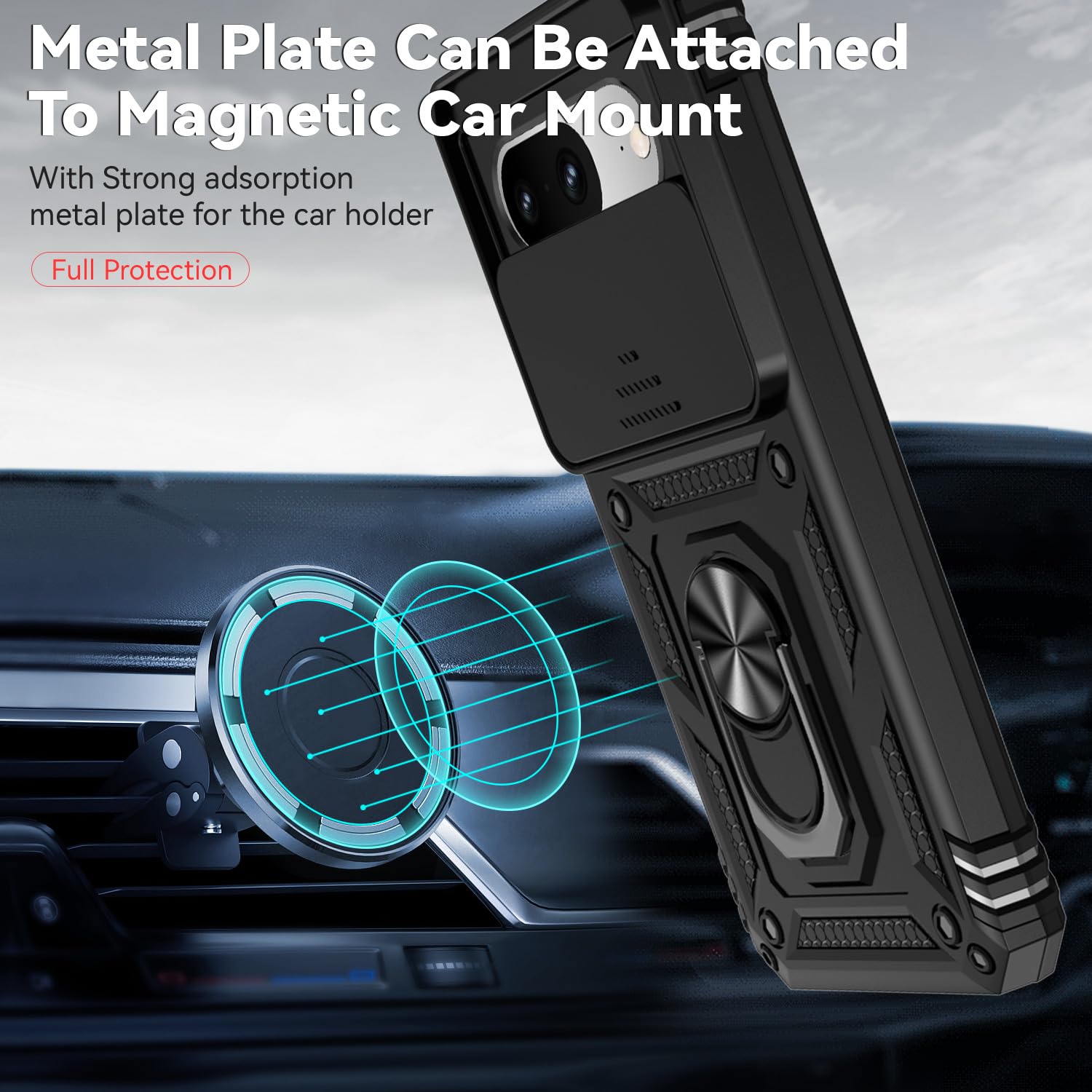 Husa telefon, pentru Google Pixel 8 5G Capac de obiectiv al camerei glisante, inel rotativ 360°, Negru
