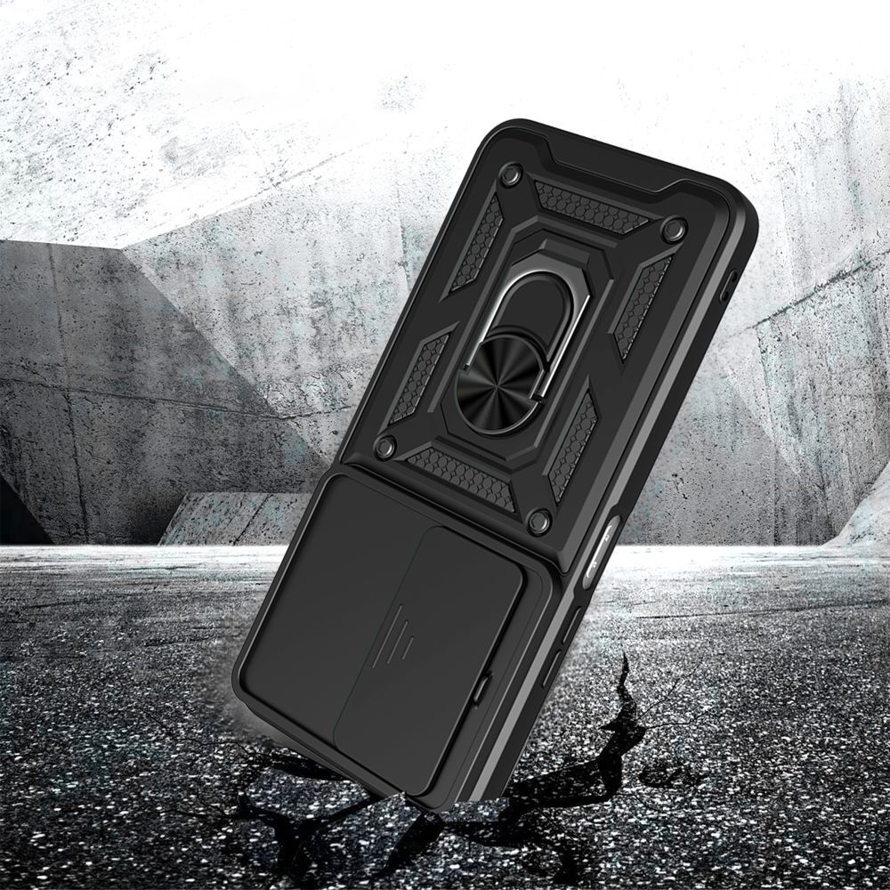 Husă telefon compatibilă cu Xiaomi Redmi 15 4G / 5G - Camshield - husă neagră din silicon, cu inel de susținere și protecție glisantă pentru cameră