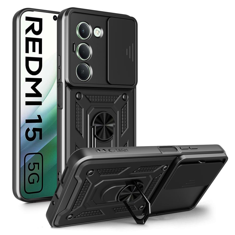 Husă telefon compatibilă cu Xiaomi Redmi 15 4G / 5G - Camshield - husă neagră din silicon, cu inel de susținere și protecție glisantă pentru cameră