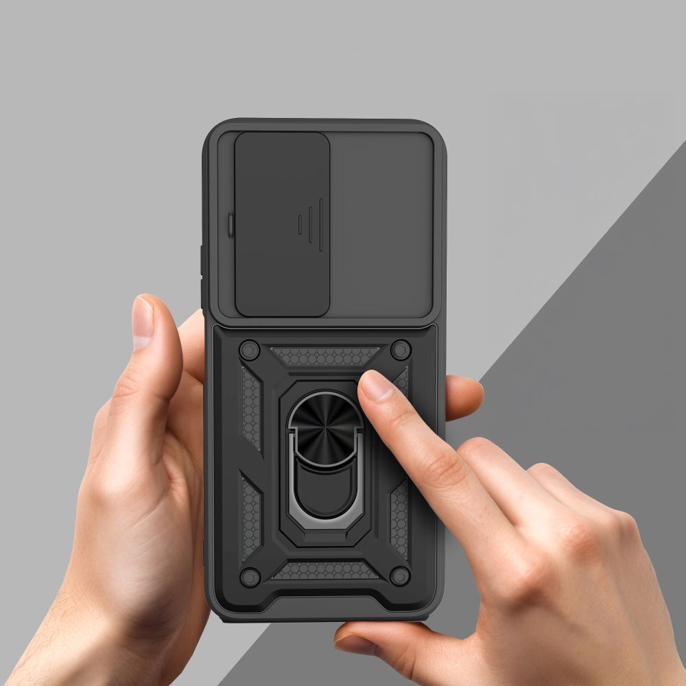 Husă telefon compatibilă cu Xiaomi Redmi 15 4G / 5G - Camshield - husă neagră din silicon, cu inel de susținere și protecție glisantă pentru cameră
