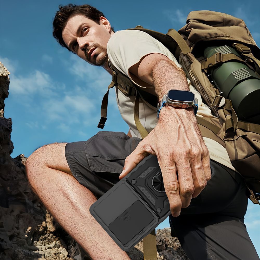 Husă telefon compatibilă cu Xiaomi Redmi 15 4G / 5G - Camshield - husă neagră din silicon, cu inel de susținere și protecție glisantă pentru cameră
