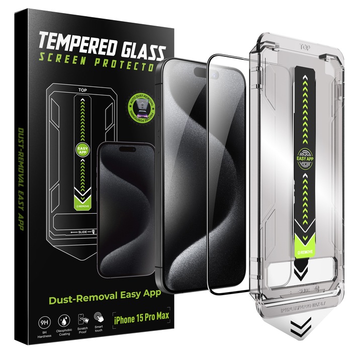 Set 2 folii protectie telefon, Sticla securizata, Kit montare, Pentru iPhone 15 Pro Max, Transparent