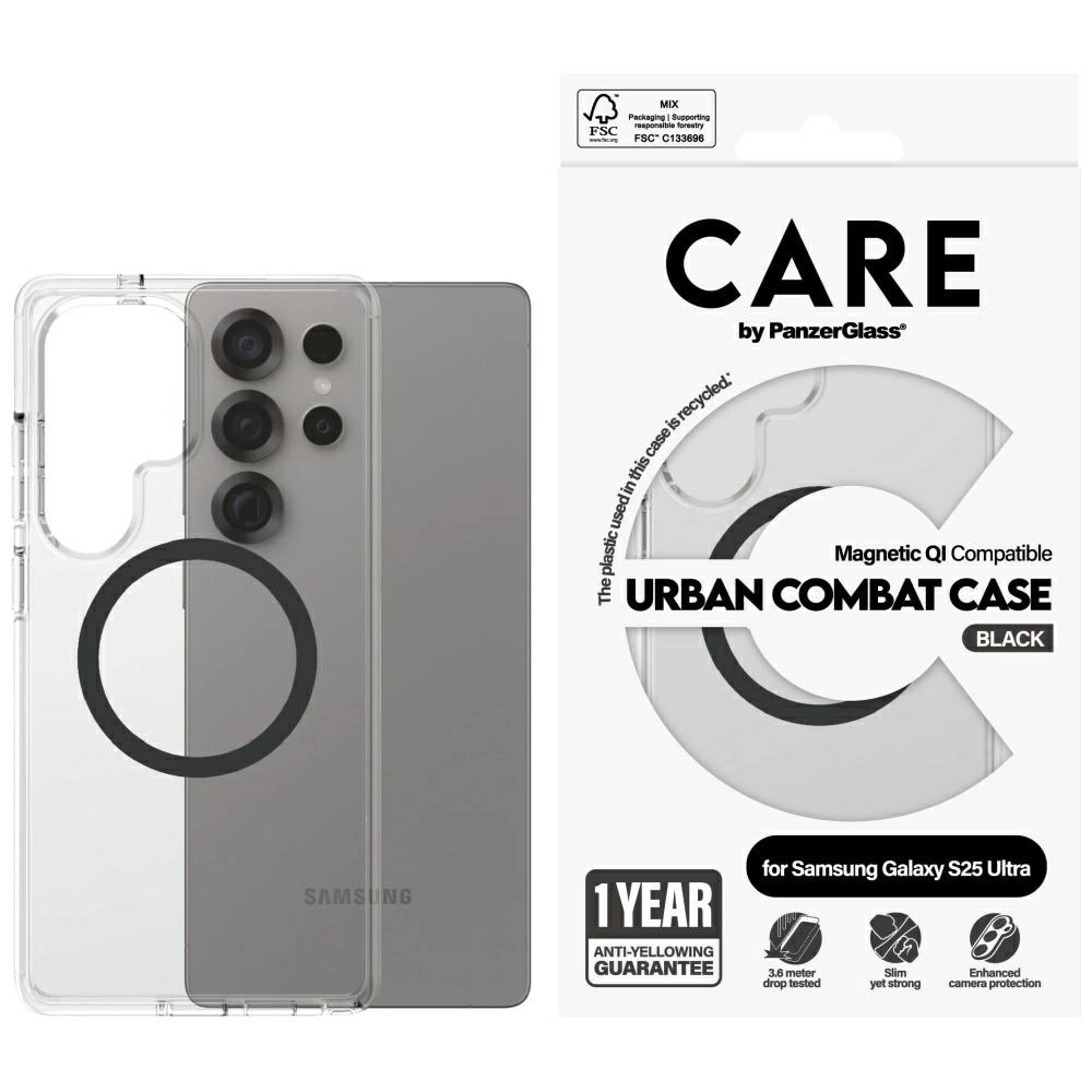 Husa de protectie PanzerGlass Hard Care Urban Combat Qi Compatible pentru Samsung Galaxy S25 Ultra, Transparent/Negru