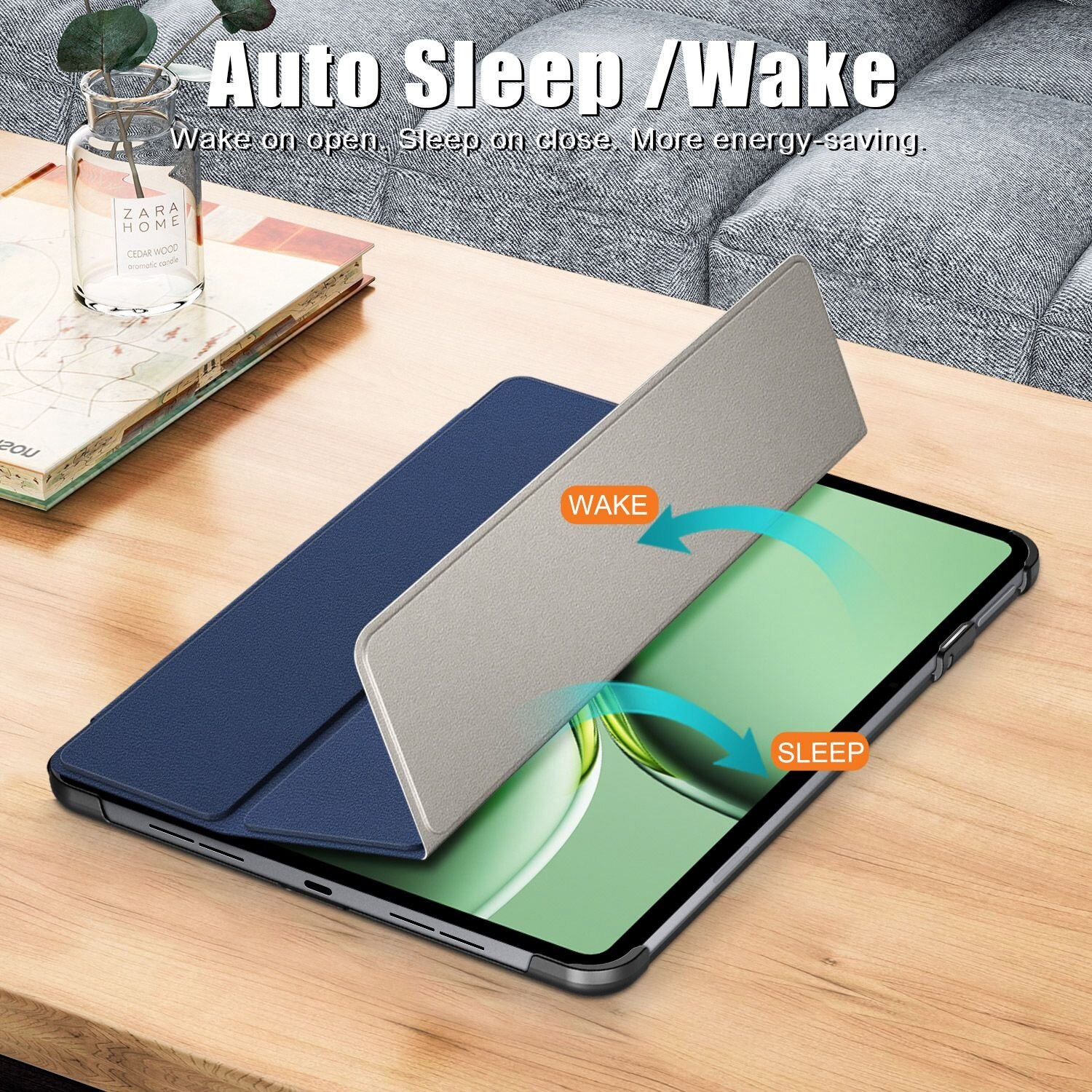 Husa tableta pentru OnePlus Pad Pro / Pad 2, piele inteligenta, design pliere 3 pliuri, suport, inchidere magnetica, albastru inchis