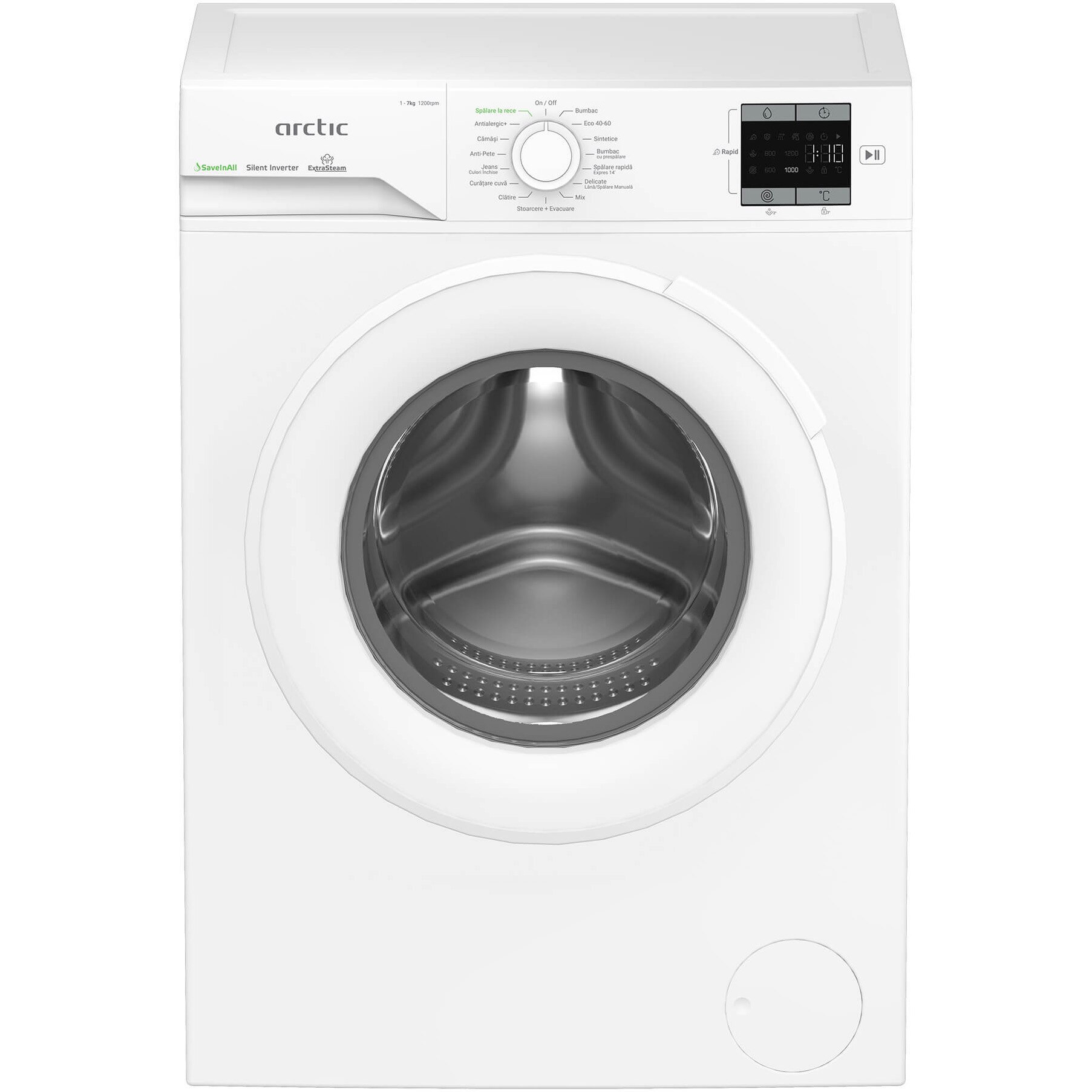 RESIGILAT: Masina de spalat rufe Arctic APLM1WFSU17210W, 7 Kg, 1200 RPM, Clasa energetica A, Motor Silent Inverter, ExtraSteam, IronExpress, Recycled Tub, Fast/Intensive, Steam, WaterMode (Water Saving - Extra Rinse), Prewash, Child Lock, Add-In, Alb