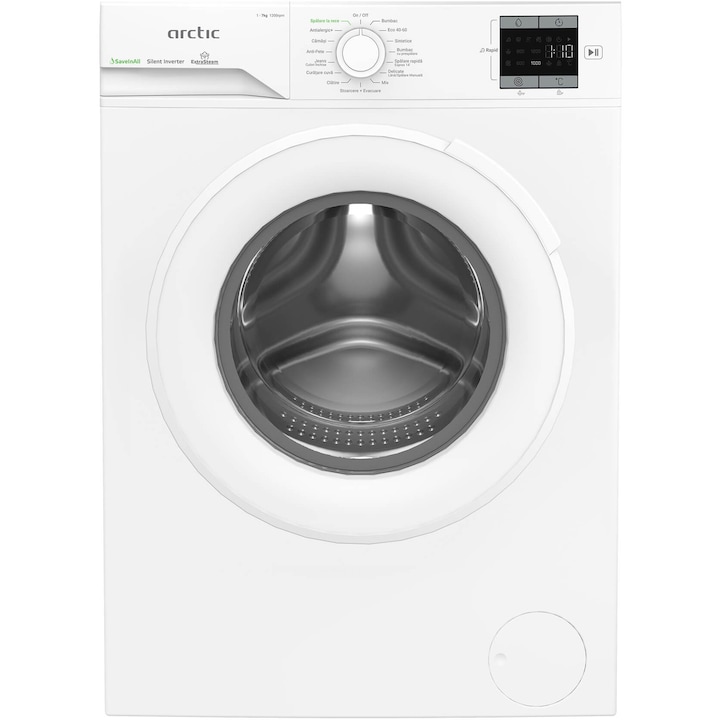 RESIGILAT: Masina de spalat rufe Arctic APLM1WFSU17210W, 7 Kg, 1200 RPM, Clasa energetica A, Motor Silent Inverter, ExtraSteam, IronExpress, Recycled Tub, Fast/Intensive, Steam, WaterMode (Water Saving - Extra Rinse), Prewash, Child Lock, Add-In, Alb