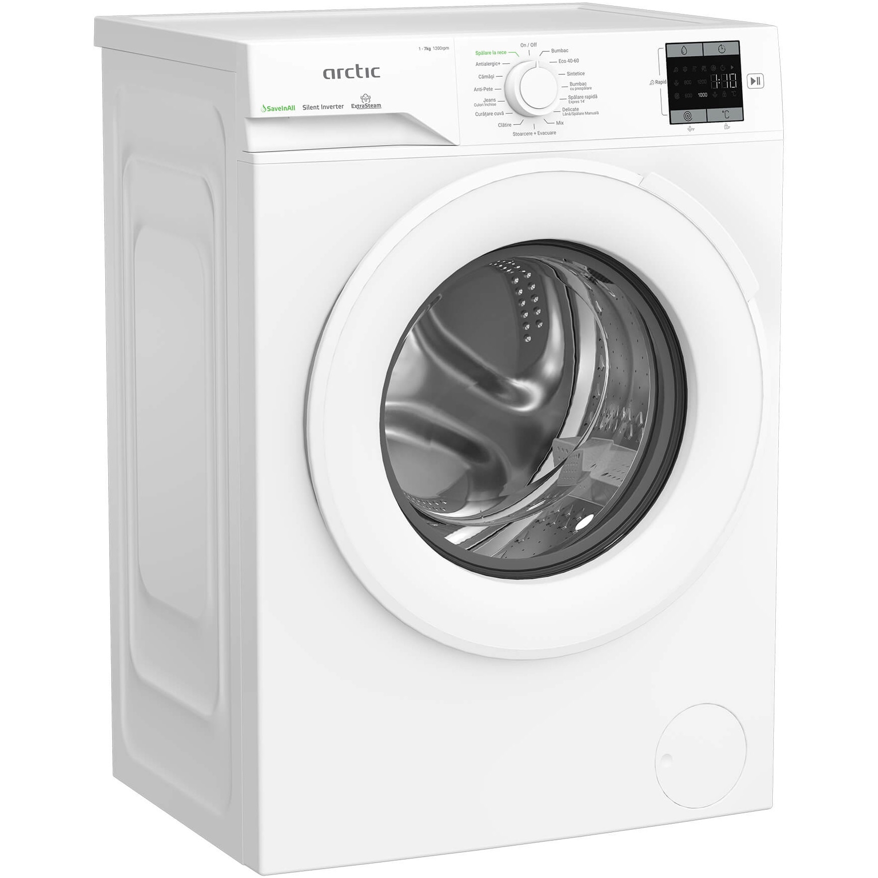 RESIGILAT: Masina de spalat rufe Arctic APLM1WFSU17210W, 7 Kg, 1200 RPM, Clasa energetica A, Motor Silent Inverter, ExtraSteam, IronExpress, Recycled Tub, Fast/Intensive, Steam, WaterMode (Water Saving - Extra Rinse), Prewash, Child Lock, Add-In, Alb