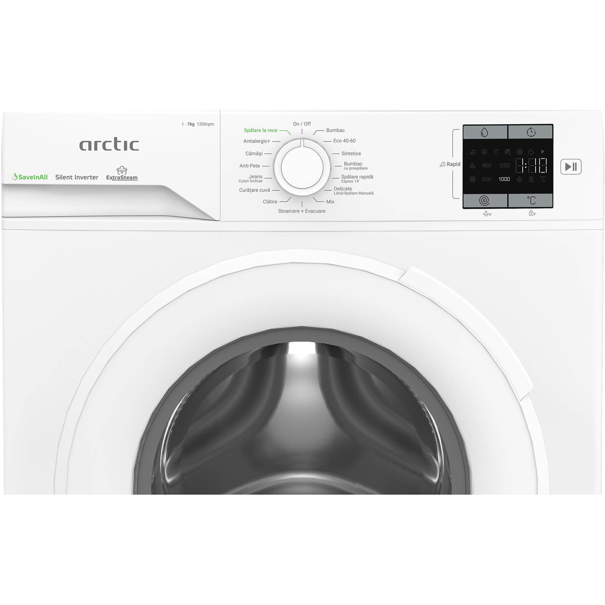 RESIGILAT: Masina de spalat rufe Arctic APLM1WFSU17210W, 7 Kg, 1200 RPM, Clasa energetica A, Motor Silent Inverter, ExtraSteam, IronExpress, Recycled Tub, Fast/Intensive, Steam, WaterMode (Water Saving - Extra Rinse), Prewash, Child Lock, Add-In, Alb