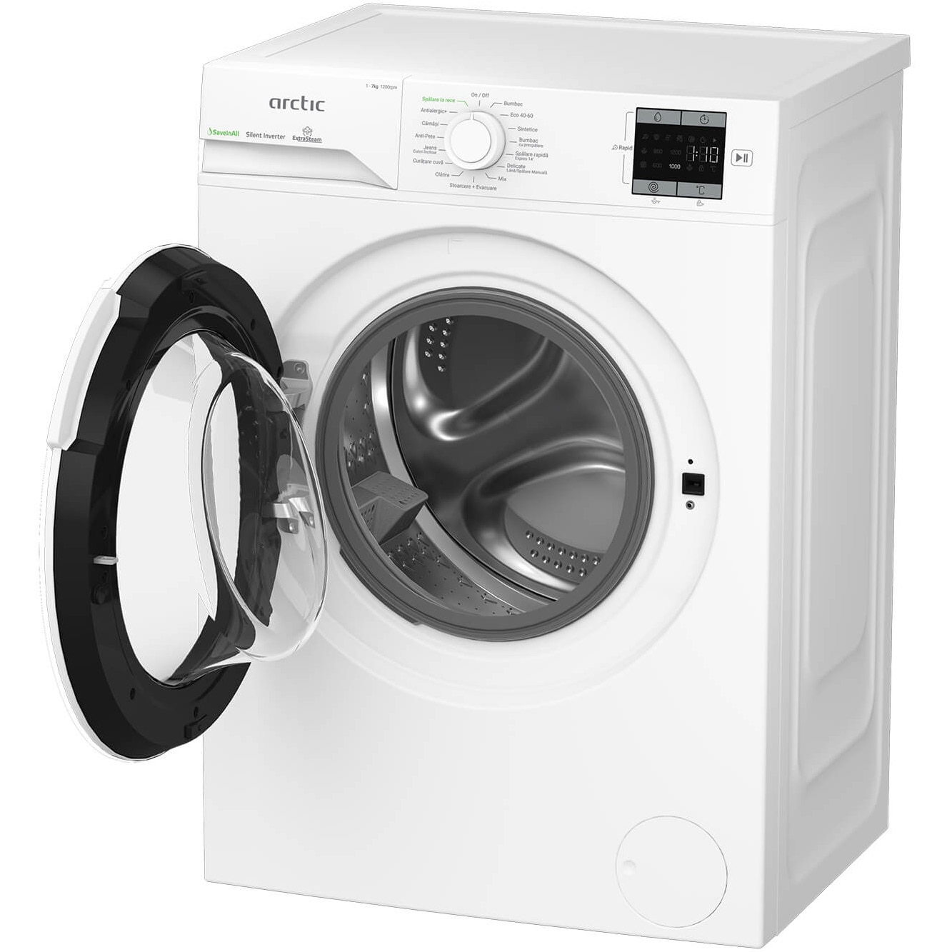 RESIGILAT: Masina de spalat rufe Arctic APLM1WFSU17210W, 7 Kg, 1200 RPM, Clasa energetica A, Motor Silent Inverter, ExtraSteam, IronExpress, Recycled Tub, Fast/Intensive, Steam, WaterMode (Water Saving - Extra Rinse), Prewash, Child Lock, Add-In, Alb