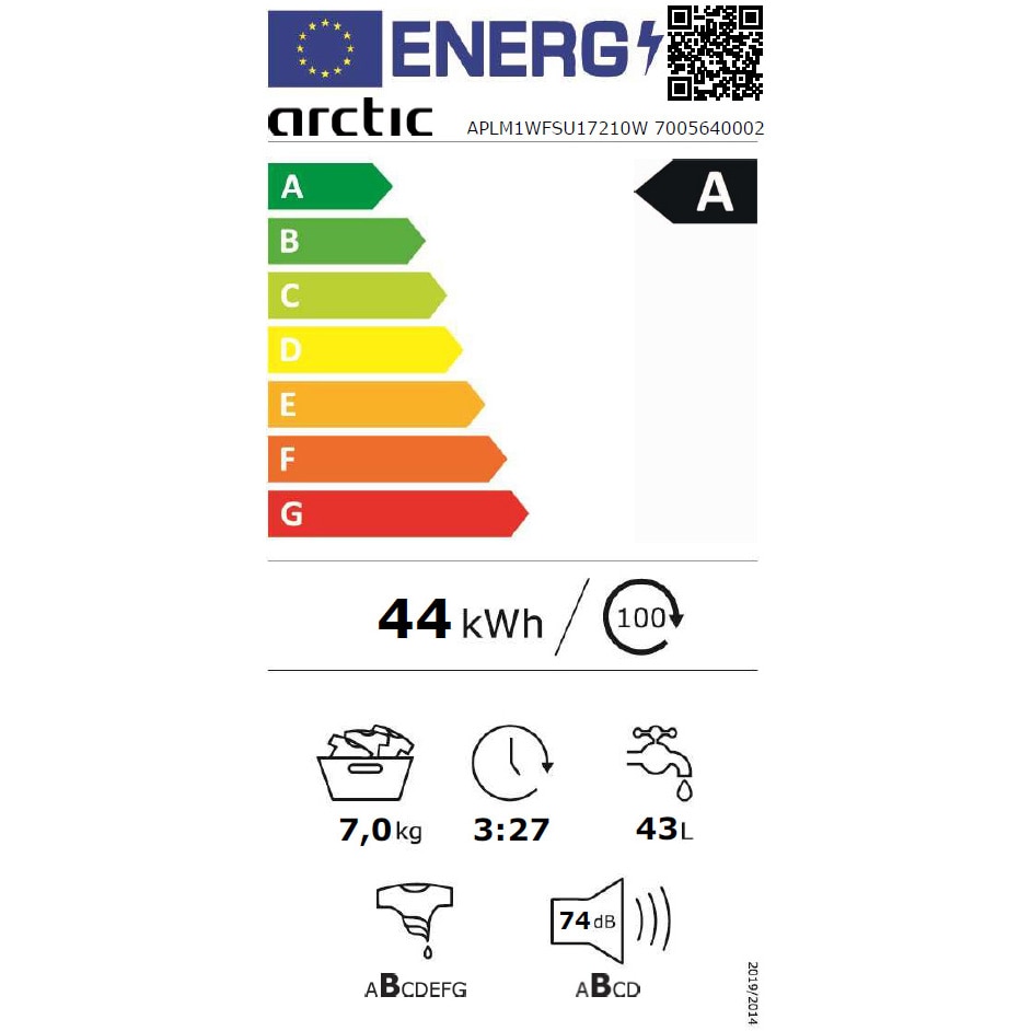 RESIGILAT: Masina de spalat rufe Arctic APLM1WFSU17210W, 7 Kg, 1200 RPM, Clasa energetica A, Motor Silent Inverter, ExtraSteam, IronExpress, Recycled Tub, Fast/Intensive, Steam, WaterMode (Water Saving - Extra Rinse), Prewash, Child Lock, Add-In, Alb