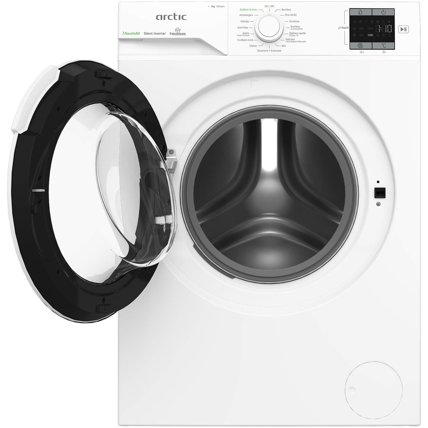 RESIGILAT: Masina de spalat rufe Arctic APLM1WFSU17210W, 7 Kg, 1200 RPM, Clasa energetica A, Motor Silent Inverter, ExtraSteam, IronExpress, Recycled Tub, Fast/Intensive, Steam, WaterMode (Water Saving - Extra Rinse), Prewash, Child Lock, Add-In, Alb