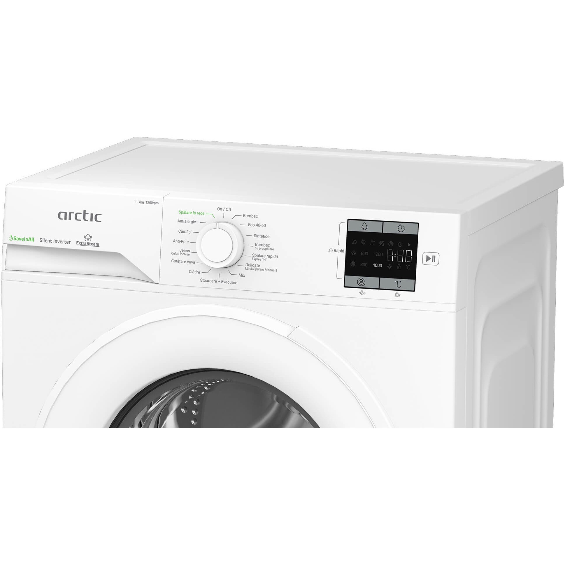 RESIGILAT: Masina de spalat rufe Arctic APLM1WFSU17210W, 7 Kg, 1200 RPM, Clasa energetica A, Motor Silent Inverter, ExtraSteam, IronExpress, Recycled Tub, Fast/Intensive, Steam, WaterMode (Water Saving - Extra Rinse), Prewash, Child Lock, Add-In, Alb
