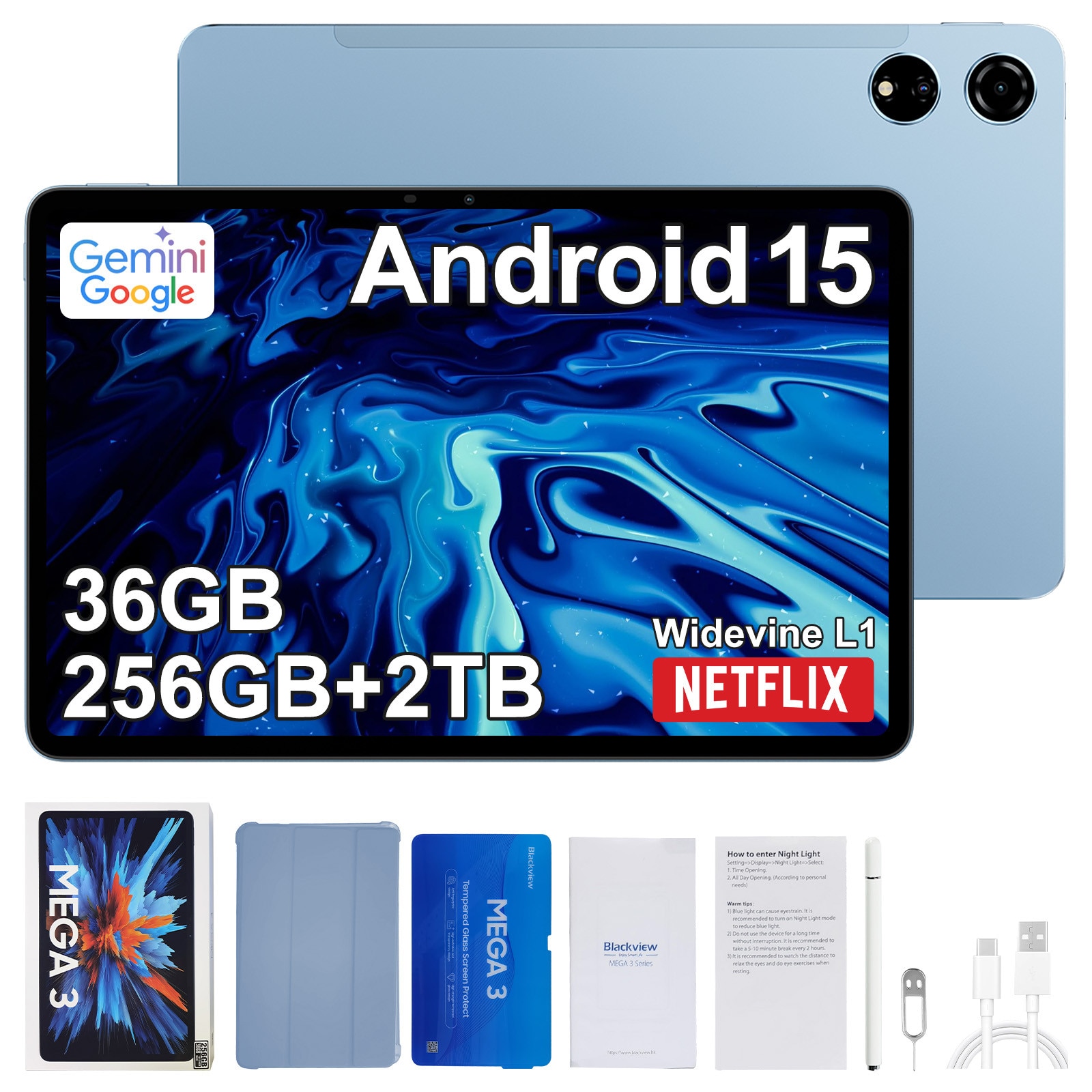 Tableta Blackview MEGA 3, 12.1inch 2.5K FHD+Ecran, 90Hz,, Ai Android 15, 36GB+256GB(TF 2TB), MediaTek Helio G100, 8800mAh, 50MP SONY Al Camera, PC Mode 2.0, BT 5.0/GPS, Albastru