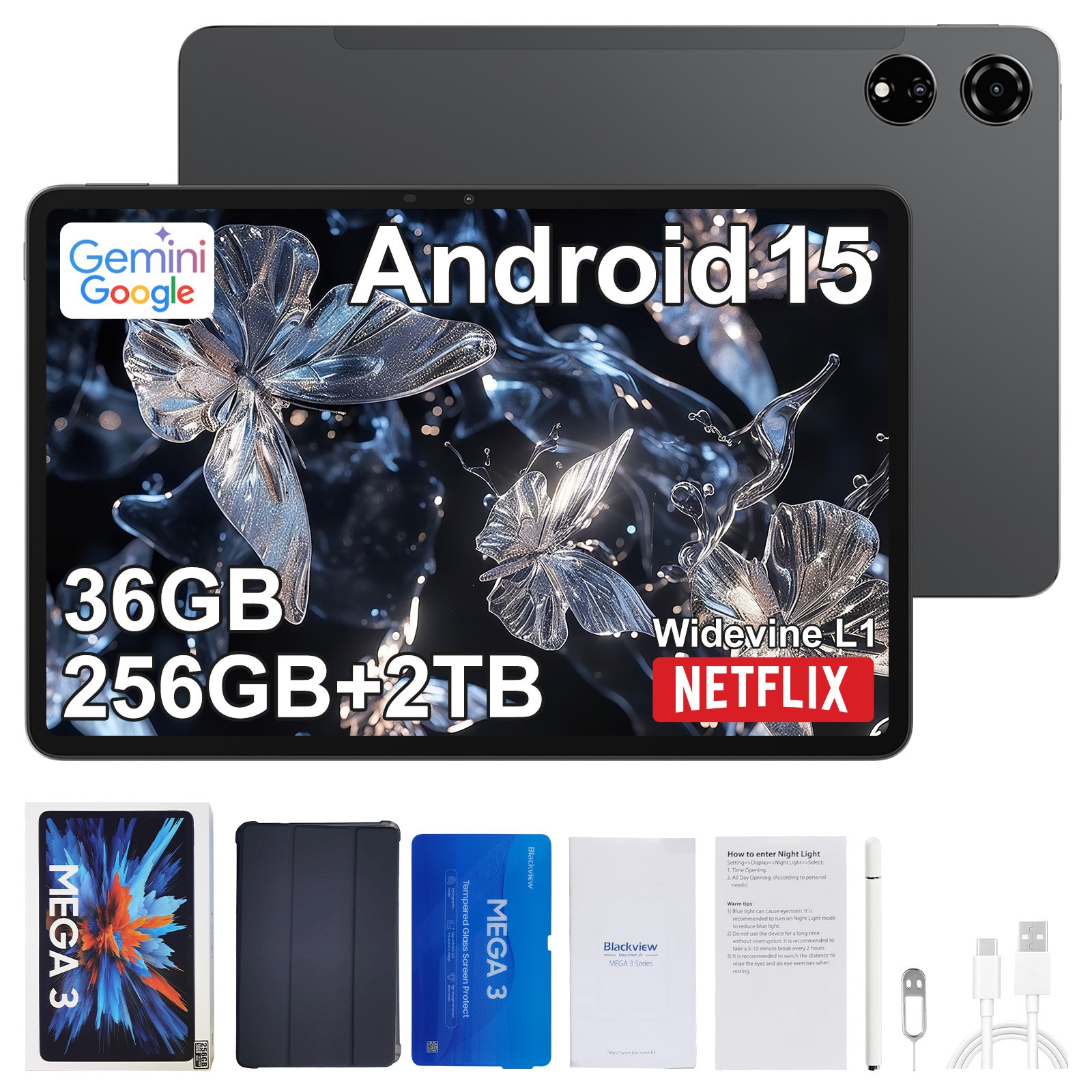 Tableta Blackview MEGA 3, 12.1inch 2.5K FHD+Ecran, 90Hz,, Ai Android 15, 36GB+256GB(TF 2TB), MediaTek Helio G100, 8800mAh, 50MP SONY Al Camera, PC Mode 2.0, BT 5.0/GPS, Negru
