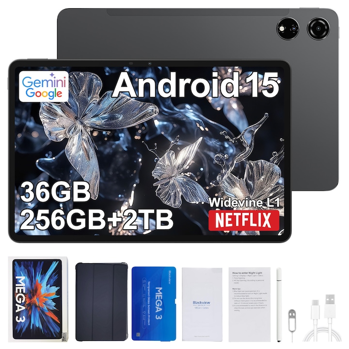 Tableta Blackview MEGA 3, 12.1inch 2.5K FHD+Ecran, 90Hz,, Ai Android 15, 36GB+256GB(TF 2TB), MediaTek Helio G100, 8800mAh, 50MP SONY Al Camera, PC Mode 2.0, BT 5.0/GPS, Negru