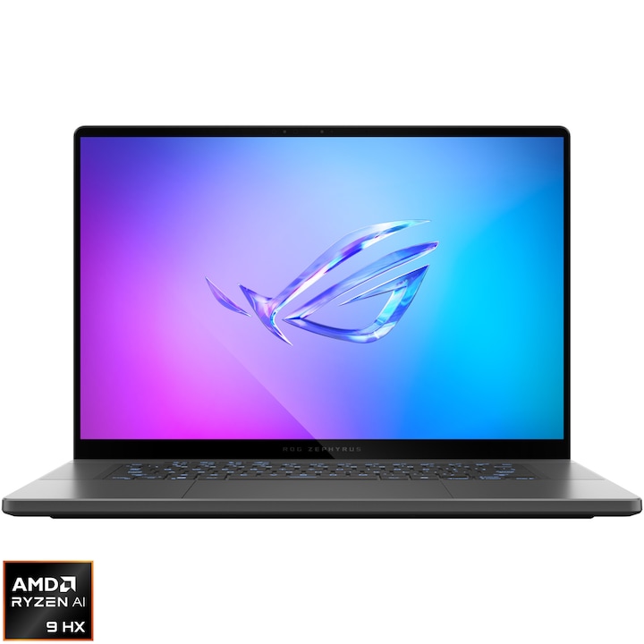 Laptop Gaming ASUS ROG Zephyrus G16 GA605WV cu procesor AMD Ryzen™ AI 9 HX 370 pana la 5.1GHz, 16", WQXGA, OLED, 240Hz, 16GB LPDDR5x, 1TB SSD, NVIDIA® GeForce RTX™ 4060 8GB GDDR6, No OS, ECLIPSE GRAY