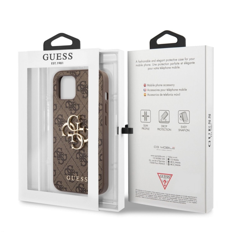 Husa de protectie Guess cu logo metalic PU 4G pentru iPhone 13, Maro