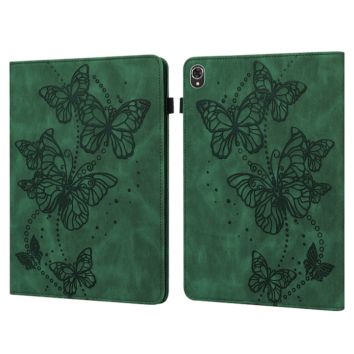 Husa tableta pentru Lenovo Tab K10, piele cu model fluture in relief, verde
